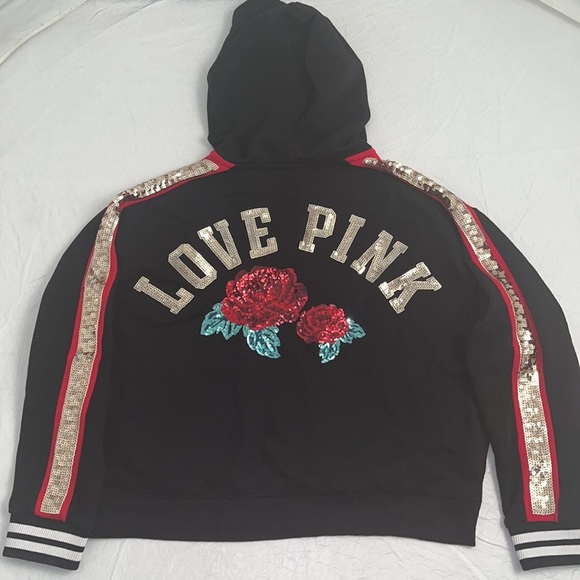 Victoria’s Secret Rose Bling black lace up sequin hoodie L - Picture 9 of 14
